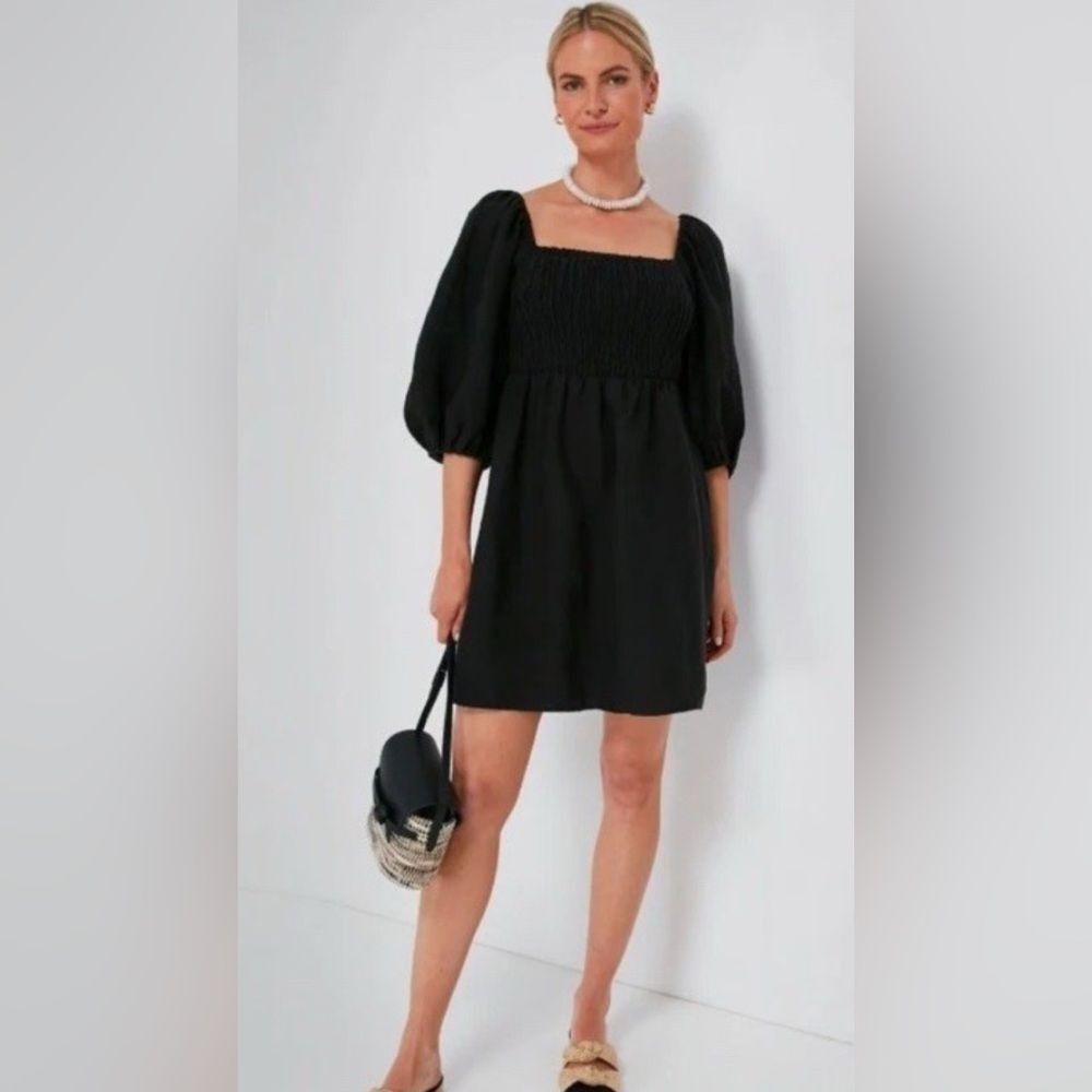 Tuckernuck Annie Smocked Mini Linen Dress Ballon Sleeves Black